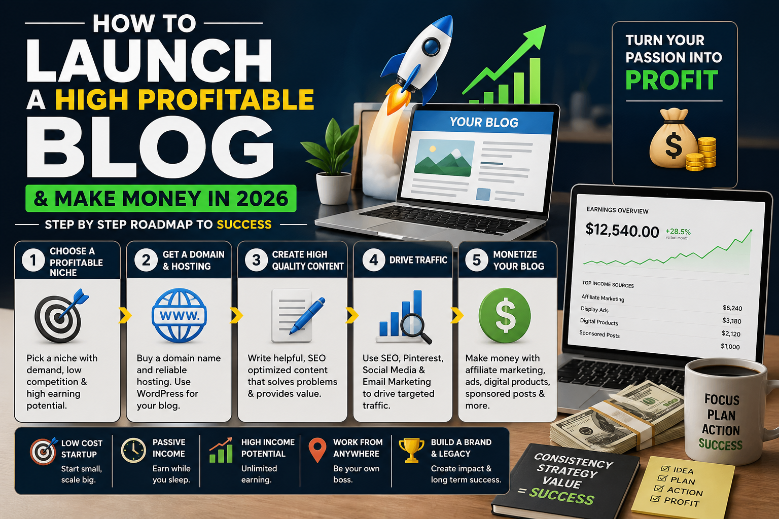 How to Launch a High Profitable Blog and Make money in 2026 now give me an img about this