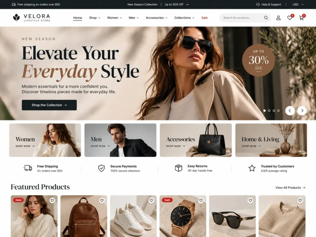 Velora lifestyle store ecommerce website design